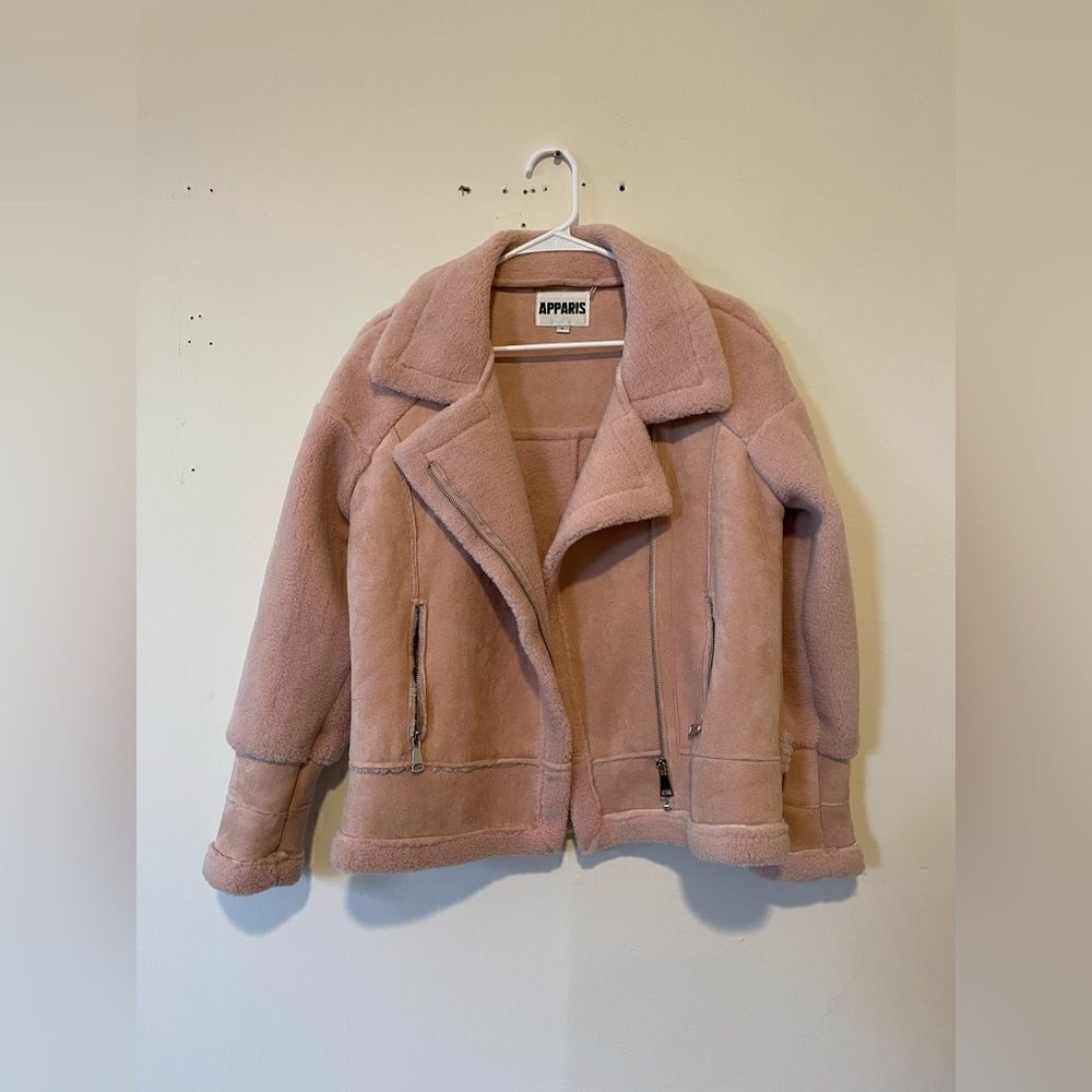 APPARIS Anne Faux-Shearling Moto-Style Jacket Pink